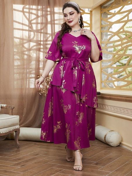 plus feather print flutter sleeve belted dress z09b#, Black