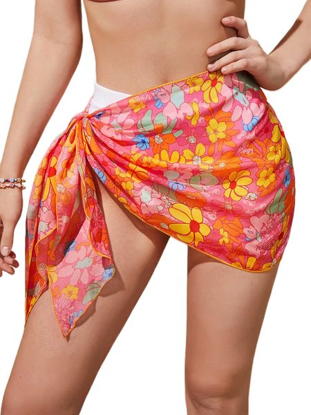 floral print tie side mini skirt j75s#, Black