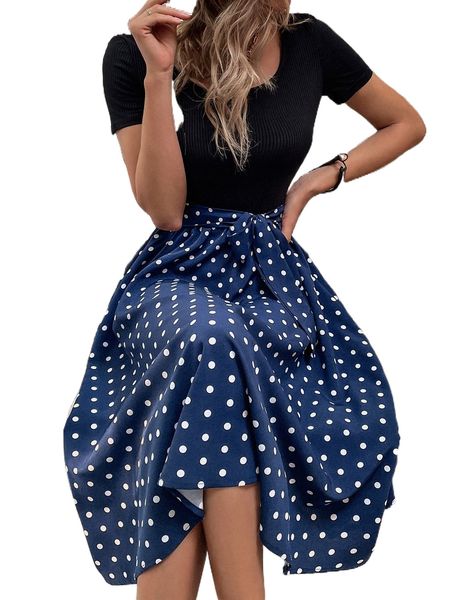polka dot print belted dress 38xt#, Black;gray