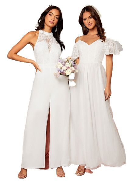 1pc lace insert wide leg jumpsuit w9vo#, Black;white