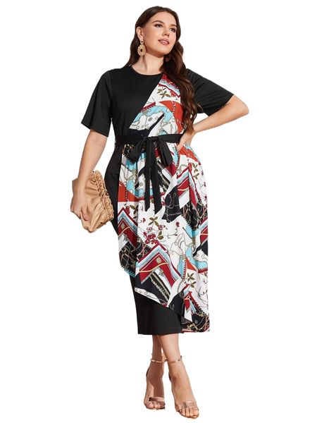 plus floral & chain print split back belted dress t6f0#, Black
plus floral & chain print split back belted dress t6f0#, Black