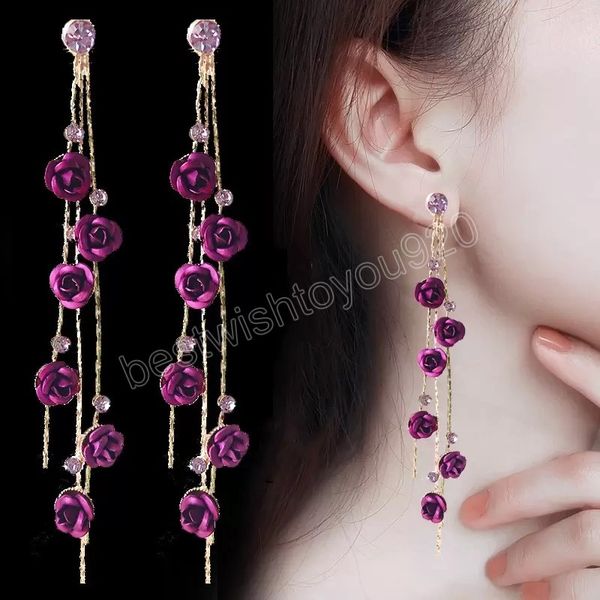 long fringe rose flowers rhinestone dangle earrings south korea super fairy temperament fashion earings delicate red purple earring, Silver
long fringe rose flowers rhinestone dangle earrings south korea super fairy temperament fashion earings delicate red purple earring, Silver