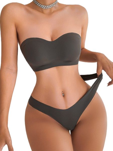 solid no show strapless lingerie set l5u0#, Black;red