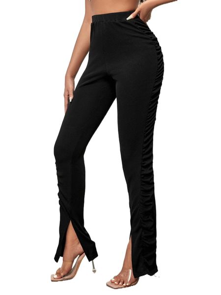 high waist split hem pants p5zf#, Black;white