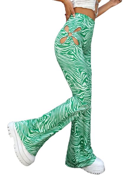 high waist zebra stripe cutout flared leg pants p11m#, Black;white 
high waist zebra stripe cutout flared leg pants p11m#, Black;white