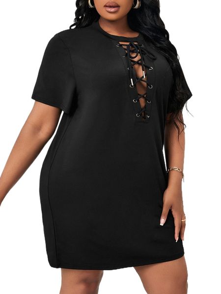 plus lace up front dress w4y6#, Black 
plus lace up front dress w4y6#, Black