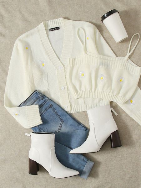 button front daisy floral embroidered cardigan with cami w40t#, White;black