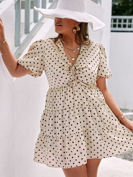 simplee plus polka dot print drawstring puff sleeve ruffle hem dress 618m#, Black
simplee plus polka dot print drawstring puff sleeve ruffle hem dress 618m#, Black