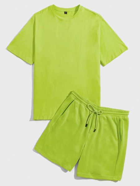 men solid tee & drawstring shorts set 54dz#, Gray
