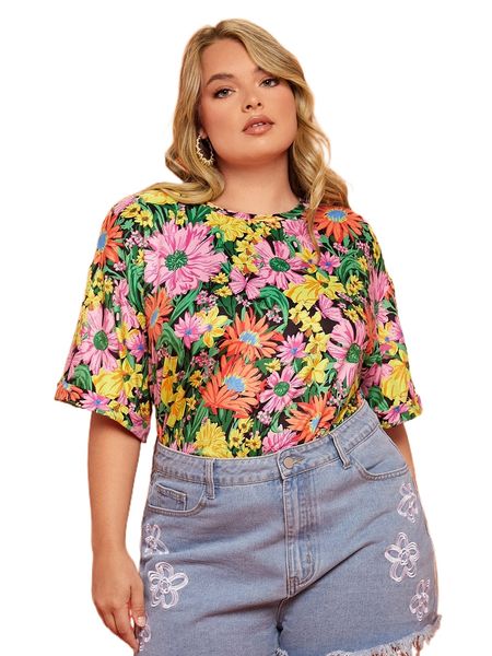 plus floral print tee k8im#, Black