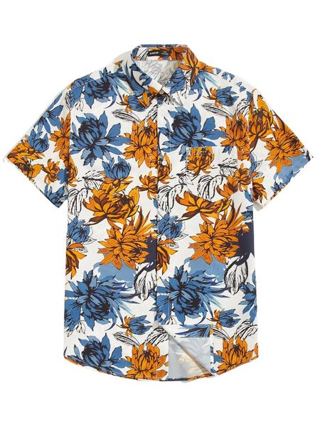men floral print button front shirt r4af#, White;black