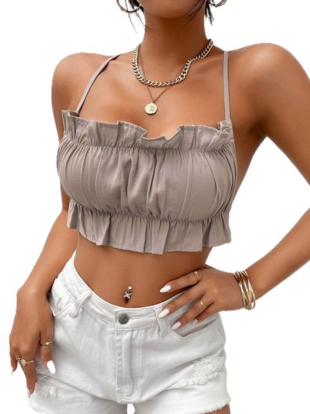 petite ruffle trim criss cross tie backless crop cami u9nk#, White