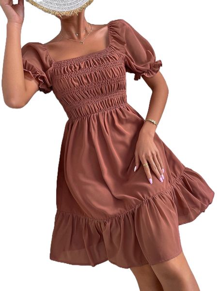 square neck shirred flounce hem dress p0ge#, Black;gray