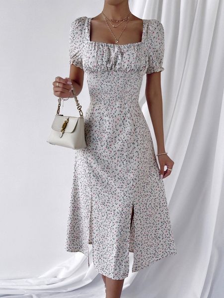 ditsy floral print ruched bust split hem dress u4mh#, Black;gray