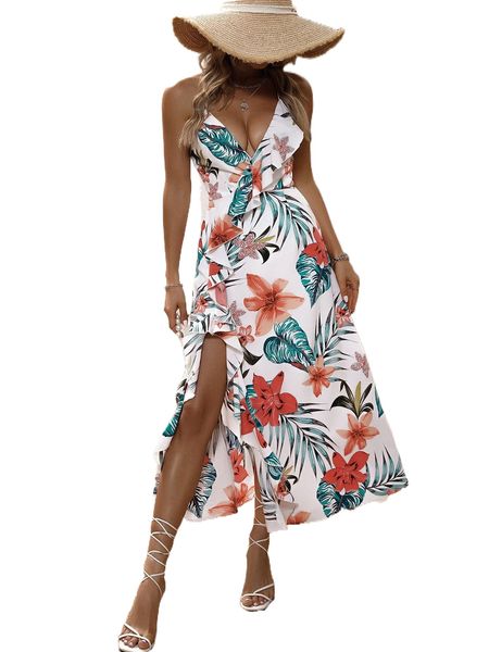 tropical print crisscross back ruffle trim split thigh cami dress 678h#, Black;gray
tropical print crisscross back ruffle trim split thigh cami dress 678h#, Black;gray