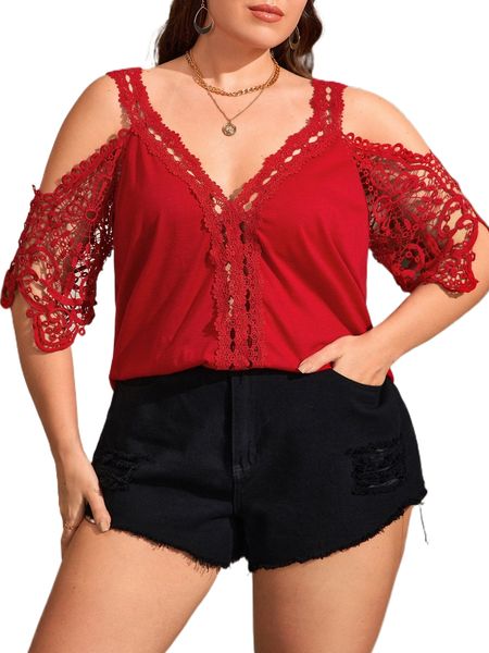 plus contrast lace cold shoulder r7f4#, Black
plus contrast lace cold shoulder r7f4#, Black