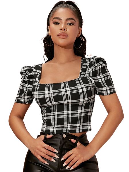 puff sleeve plaid l2cw#, White
