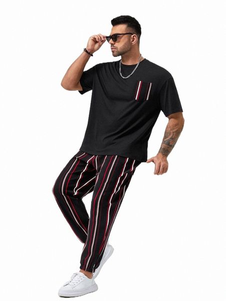 extended sizes men striped patched pocket tee & drawstring waist sweatpants g24a#, Gray
extended sizes men striped patched pocket tee & drawstring waist sweatpants g24a#, Gray