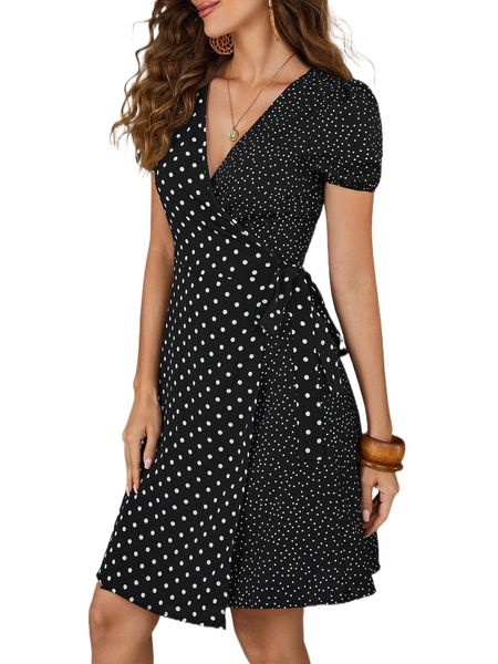 polka dot wrap dress x2sk#, Black;gray