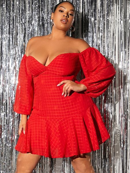 plus off shoulder ruffle hem dress j6aq#, Black