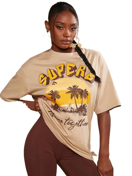 coconut tree & letter graphic drop shoulder tee z2js#, White