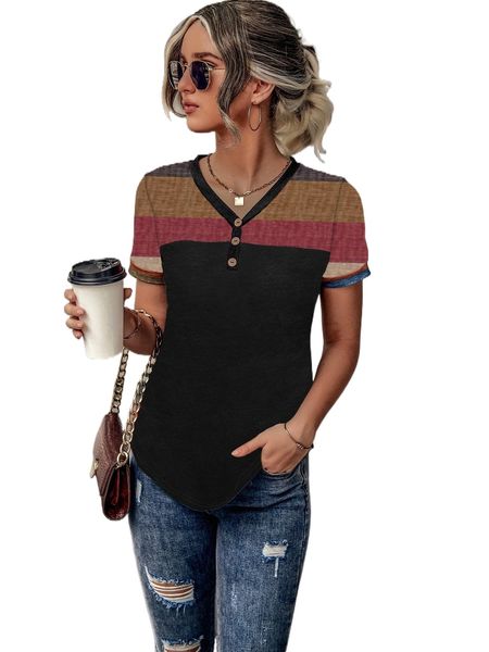 stripe button front v neck tee u7ed#, White