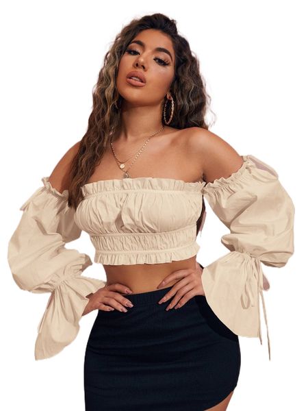 sxy off shoulder ruffle trim knot sleeve q7qv#, White
sxy off shoulder ruffle trim knot sleeve q7qv#, White