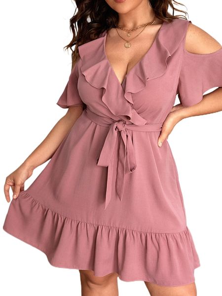 plus cold shoulder ruffle trim belted dress b3cn#, Black