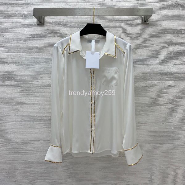 women's polos european mulberry silk fabric smooth feeling shirt sequin gold edge decorative lapel long sleeve top, White
women's polos european mulberry silk fabric smooth feeling shirt sequin gold edge decorative lapel long sleeve top, White