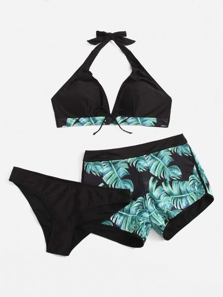 plus tropical print halter bikini swimsuit with beach shorts x9de#, White;black
plus tropical print halter bikini swimsuit with beach shorts x9de#, White;black