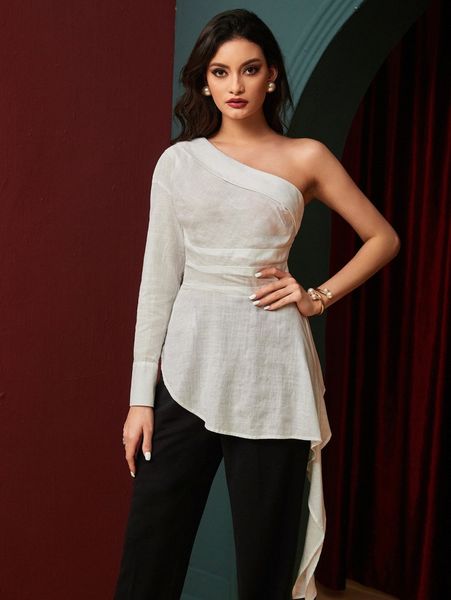 one shoulder side draped asymmetrical hem blouse 81bh#, White