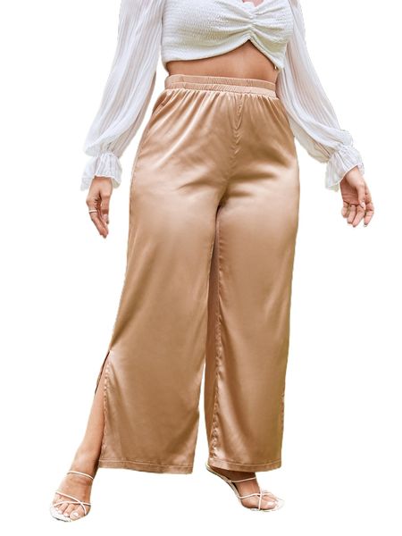 plus solid split hem satin pants p2dx#, Black