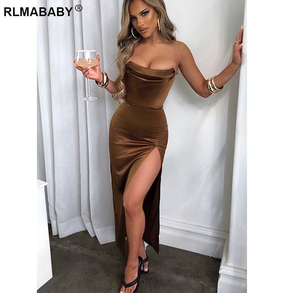 elegant women party strapless long bodycon dress summer slim backless high split night club female mid-calf satin dress, Black;gray
elegant women party strapless long bodycon dress summer slim backless high split night club female mid-calf satin dress, Black;gray
