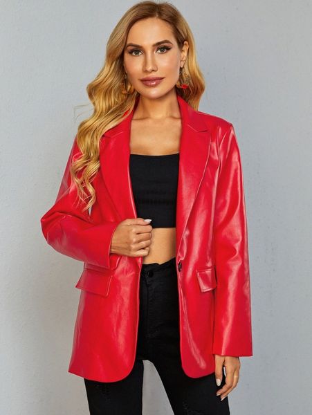 single button leather look blazer h1p6#, White
single button leather look blazer h1p6#, White