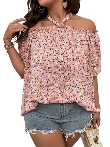 plus ditsy floral halter neck frilled blouse 411c#, Black
