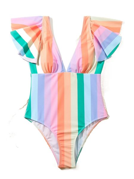 striped ruffle trim one piece swimsuit z3gn#, White;black 
striped ruffle trim one piece swimsuit z3gn#, White;black