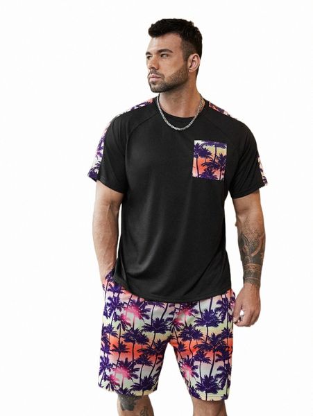 extended sizes men tropical print tee & shorts q1kg#, Gray