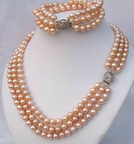 3 row 7-8mm genuine natural pink pearl akoya cultured pearl necklace bracelet set, Silver
3 row 7-8mm genuine natural pink pearl akoya cultured pearl necklace bracelet set, Silver