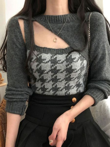 women sweater korean fashion pullover y2k clothes irregular longsleeved cropped chic sweaters vest twopiece sets sueteres 220816, White;black 
women sweater korean fashion pullover y2k clothes irregular longsleeved cropped chic sweaters vest twopiece sets sueteres 220816, White;black