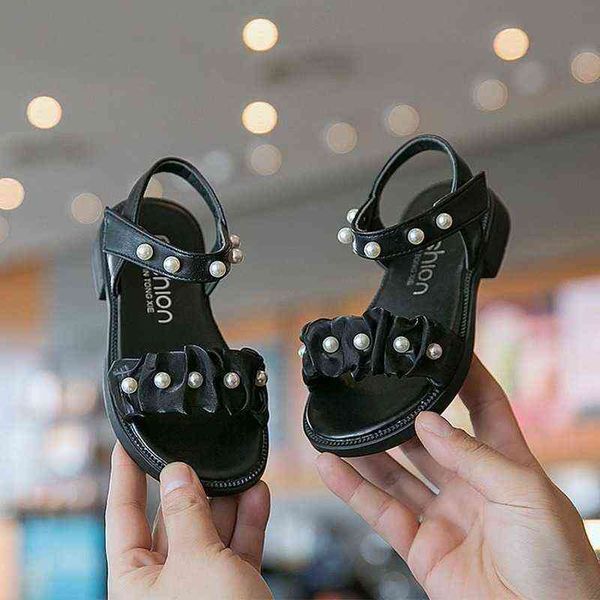 girls sandals 2022 summer children's fashion new simple pearl open-toe casual non-slip all-match princess shoes flat breathable g220418, Black;red