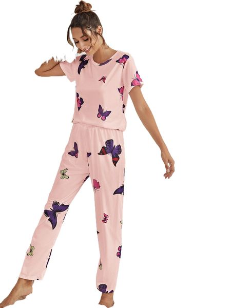 butterfly print tee & pants pj set s3yo#, Black;red 
butterfly print tee & pants pj set s3yo#, Black;red