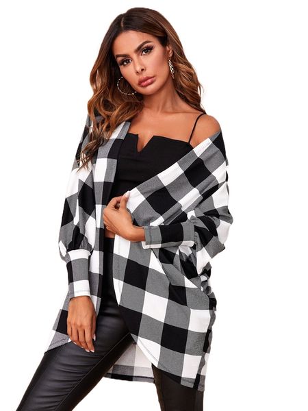 dolman sleeve buffalo plaid open front coat g6pd#, Black