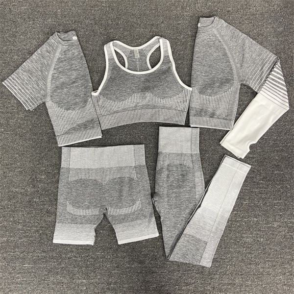 women 2/3/5pcs yoga set running seamless gym workout short sleeve+sport+leggings+shorts+bra fitness suit 220317, Gray
women 2/3/5pcs yoga set running seamless gym workout short sleeve+sport+leggings+shorts+bra fitness suit 220317, Gray