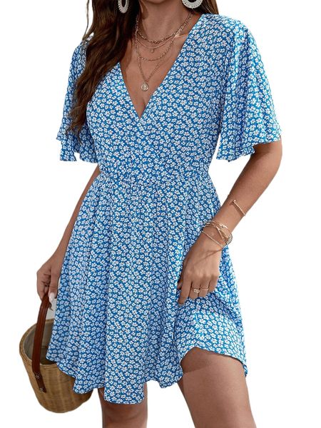 ditsy floral butterfly sleeve a-line dress q2tm#, Black;gray 
ditsy floral butterfly sleeve a-line dress q2tm#, Black;gray