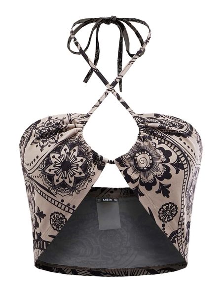 plus floral print crop halter 54w1#, Black