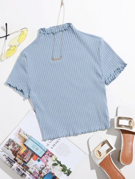 lettuce edge rib-knit tee y0rd#, White 
lettuce edge rib-knit tee y0rd#, White