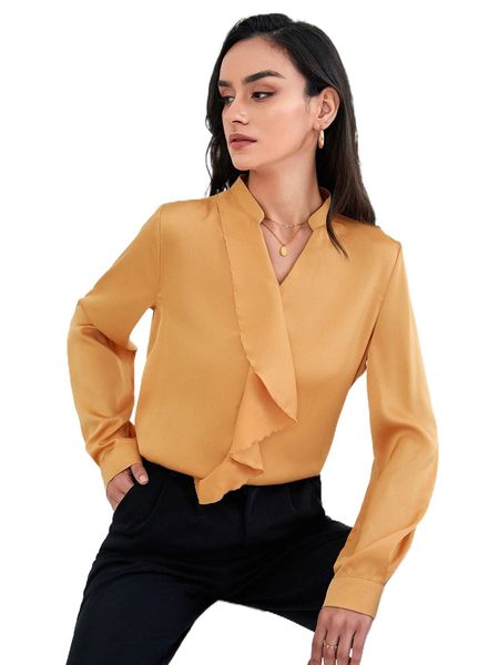 ruffle trim notched neck satin blouse c9yx#, White
ruffle trim notched neck satin blouse c9yx#, White