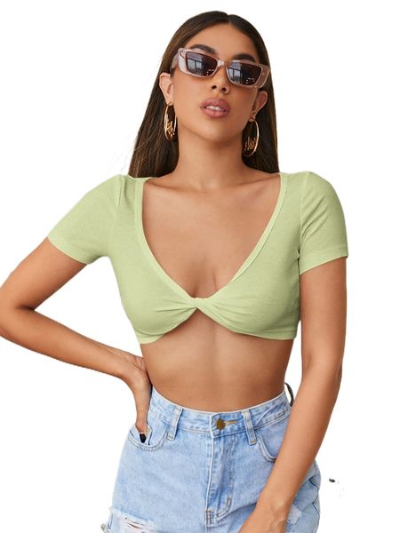 twist front rib-knit crop 10fh#, White