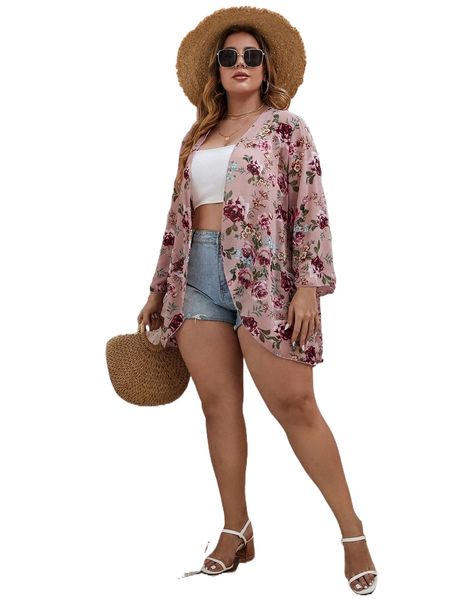 plus floral kimono l7hy#, Black;gray