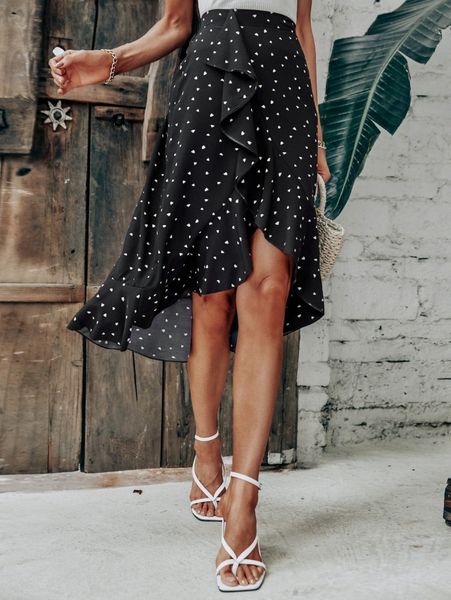 all over heart print ruffle trim wrap hem skirt t51m#, Black
all over heart print ruffle trim wrap hem skirt t51m#, Black